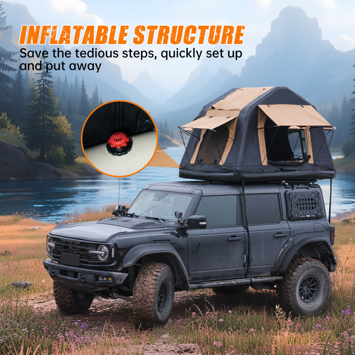 Foldable 2-3 People Amphibious Inflatable Car Roof Top Tent for camping Outdoor Glamping Camping Tent for SUV,Truck( Without Ladder, Two-tone Style, Khaki & Black)