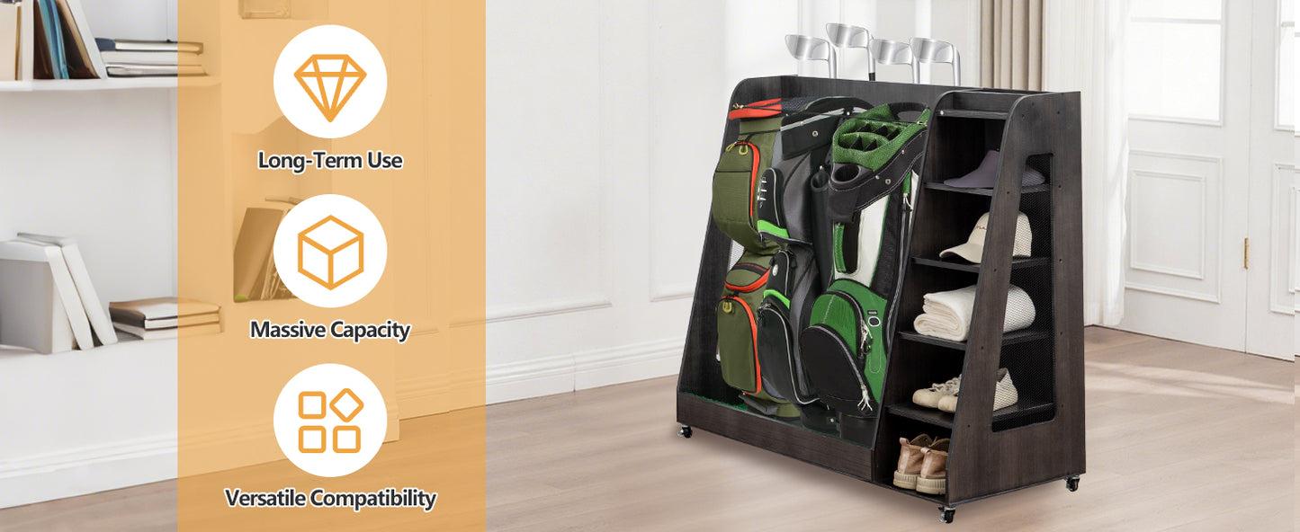 Wooden Golf Bag Organizer Garage Large Golf Bag Storage Rack Stand with Wheels Fits 3 Golf Bags, Golf Clubs and Other Golfing Equipment Accessories Golf Bag Holder for Garage, Club, Shed Basement