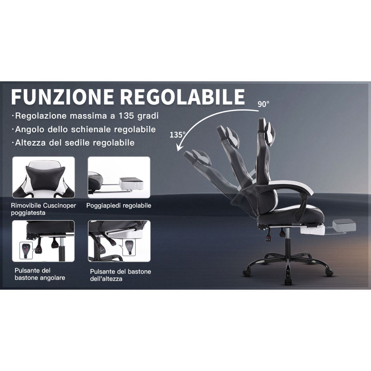 Gaming Chair with Massage,Ergonomic PC Gaming Chair with Footrest Comfortable Headrest and Lumbar Support,High Back PVC Leather,300LBS (Black White)