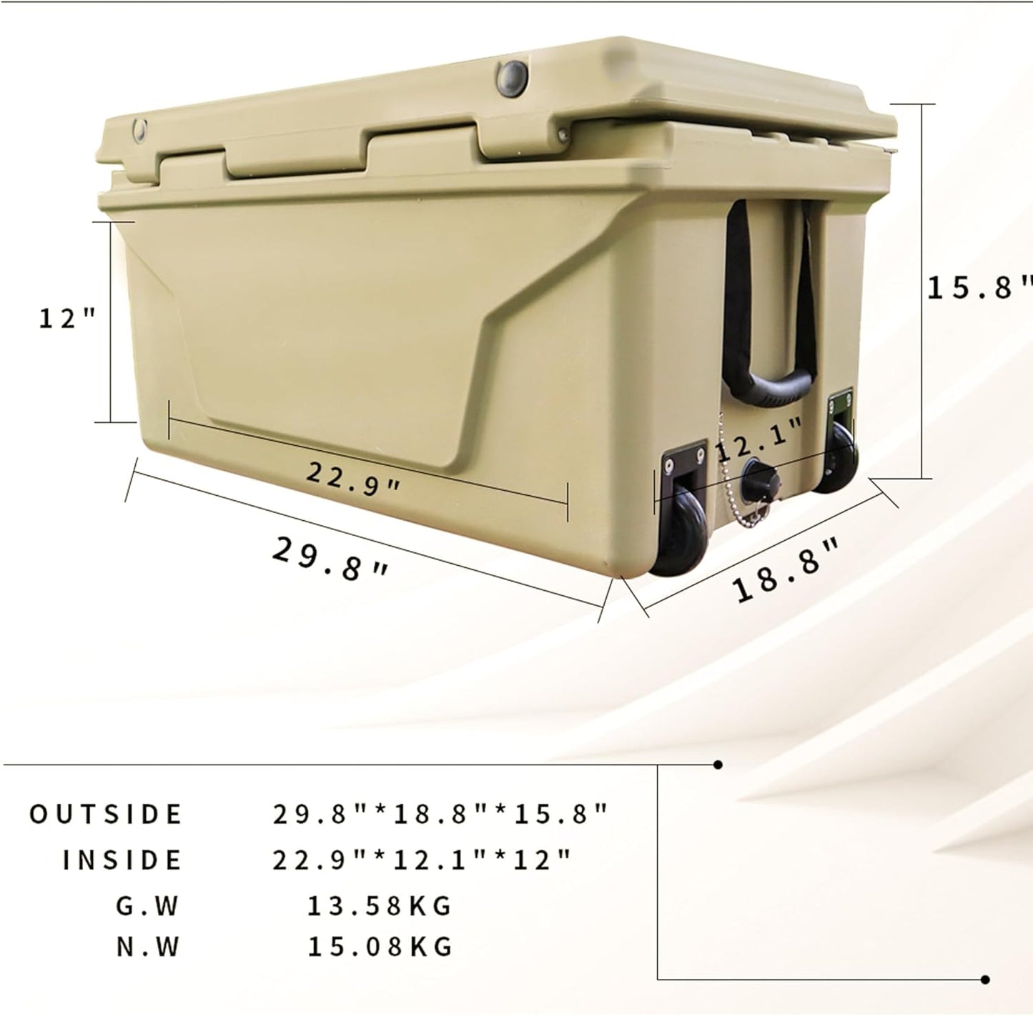 65 QT Rotomolded Cooler with Wheels & Drain Plug,Insulated Ice Chest for Camping, Fishing, Outdoors,Drinks, Heavy-Duty Cooler Box, 5-Day Cold Retention