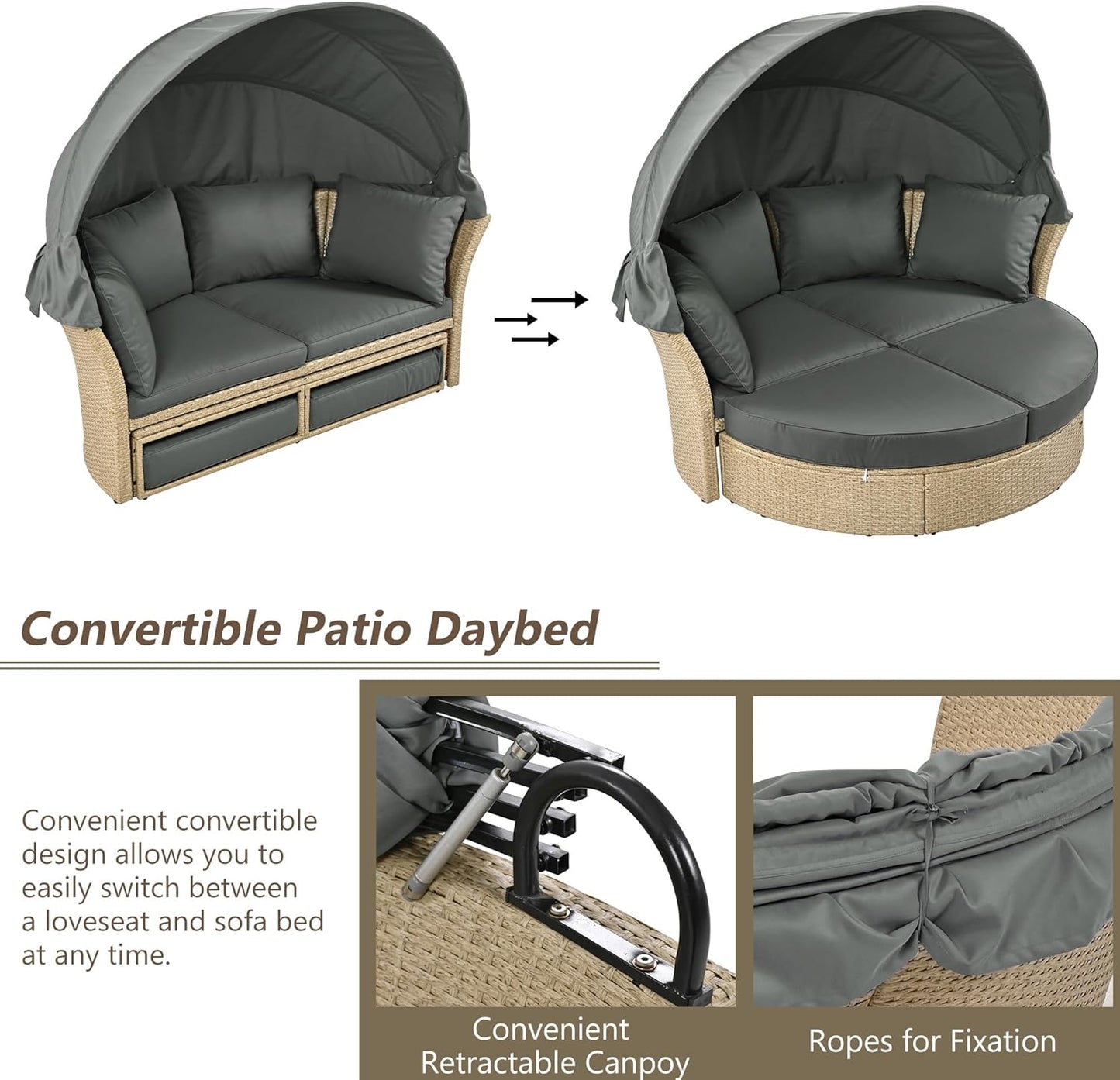 Outdoor Patio Rattan Round Daybed with Retractable Canopy, Wicker Furniture Clamshell Sectional Seating Sunbed with Removable Cushions and 4 Pillows for Patio Backyard Porch,Grey
