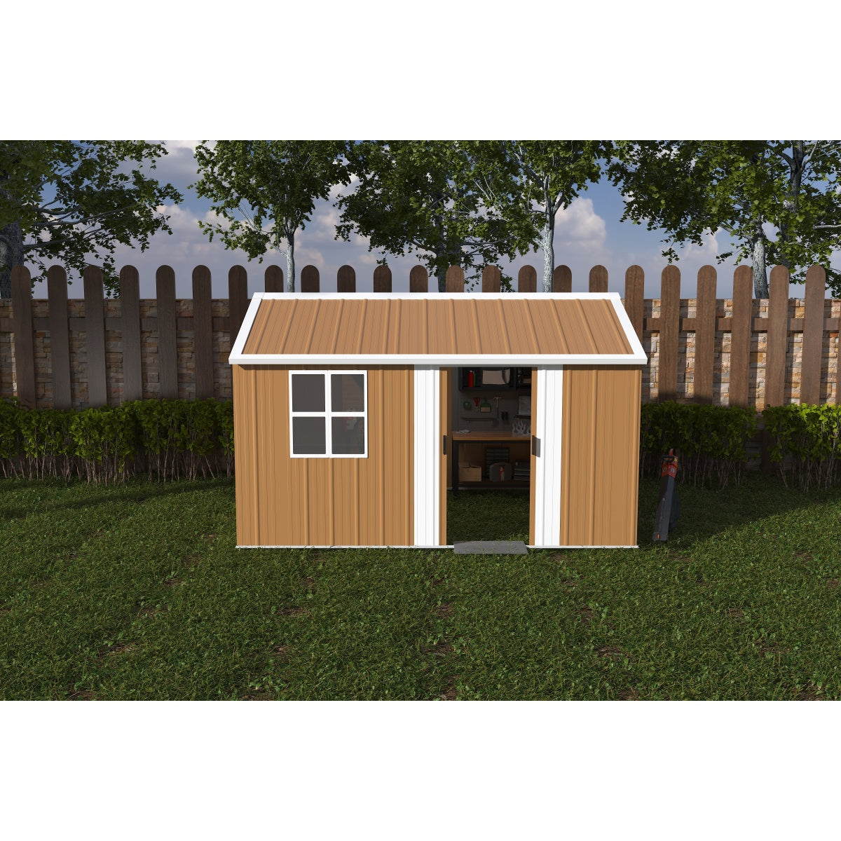 12x10 FT Heavy-Duty Metal Storage Shed with Windows, Lockable Door & Ventilation - Weatherproof Outdoor Garden Shed for Backyard, Lawn, and Tool Organization    RR