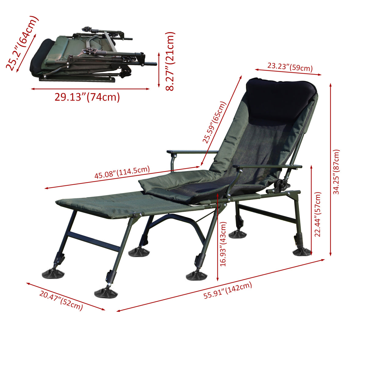Camping Lounge Chair with Detachable Footrest, Portable Folding Reclining Camping Chair with Adjustable backrest for Indoor and Outdoor Camping Beach Hiking Fishing, Green+black    RR
