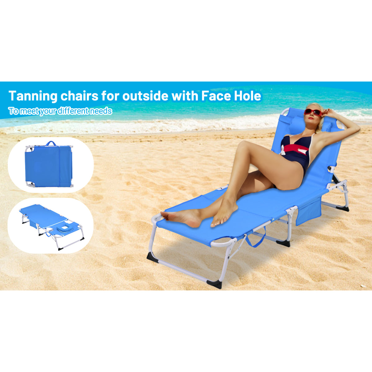 3-in-1 Heavy Duty Tanning Chair with Face Hole Adjustable 5-Position Folding Chaise Lounge Chairs for Outside Portable Lay Flat Beach Lounge Chair for Outdoor Sunbathing Patio Pool Lawn Camping Deck P