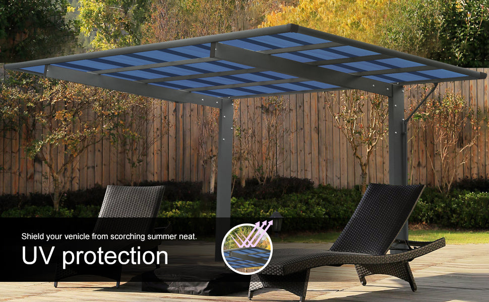 Outdoor Carport, 17.44FT*9FT Single Carport Aluminum Metal Frame and Polycarbonate Panels Car Port for Outdoor Driveway Car, Truck (Black)