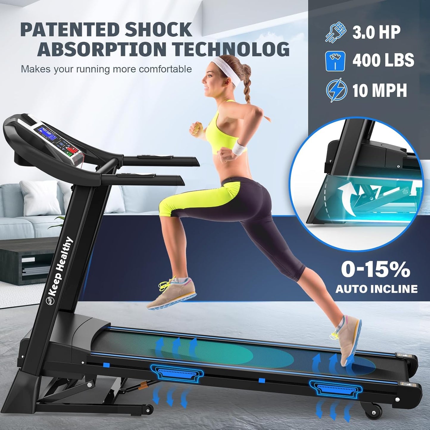 FYC Foldable Treadmill with Auto Incline (0-15°) – 3.5HP Quiet Motor, 400 lb Capacity, Bluetooth Speakers, APP Control, Shock Absorption, LCD Display & Heart Rate Monitor – Folding Treadmill for Home