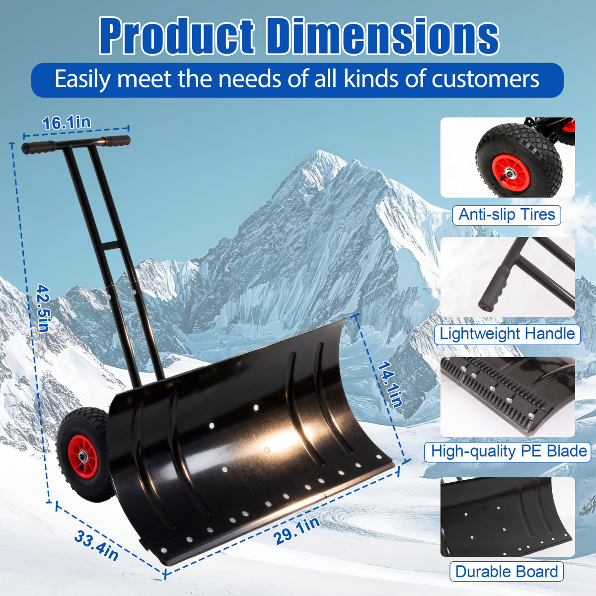 30" Heavy Duty Snow Shovel with Wheels, Garvee Adjustable Angle & Height Ergonomic Handle, Sidewalk & Pavement Clearing