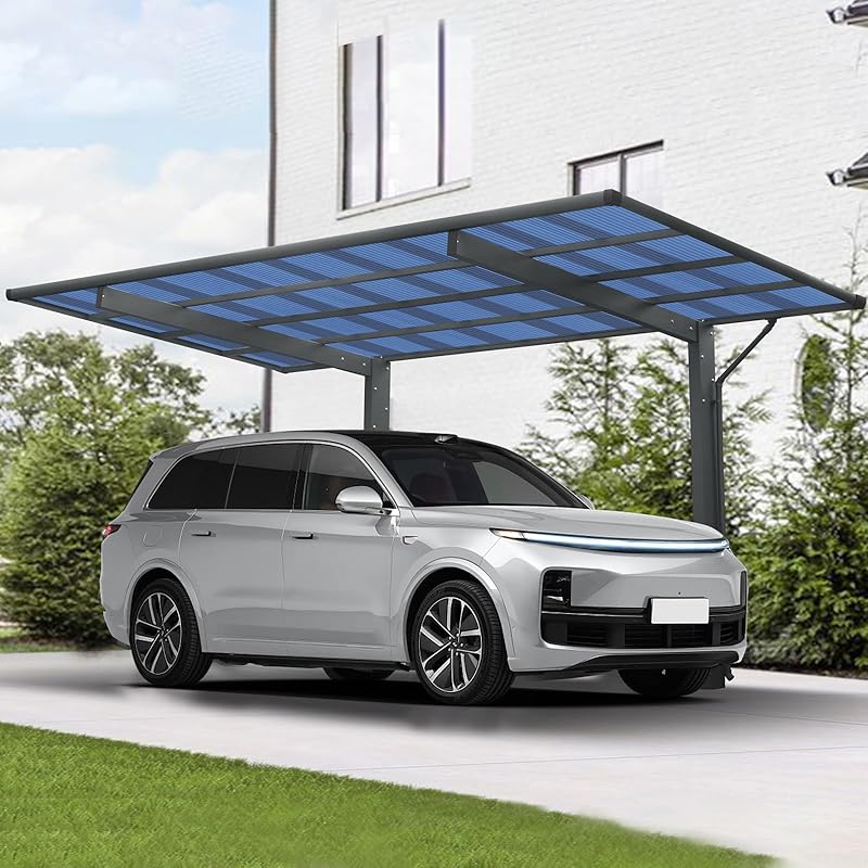 Outdoor Carport, 17.44FT*9FT Single Carport Aluminum Metal Frame and Polycarbonate Panels Car Port for Outdoor Driveway Car, Truck (Black)