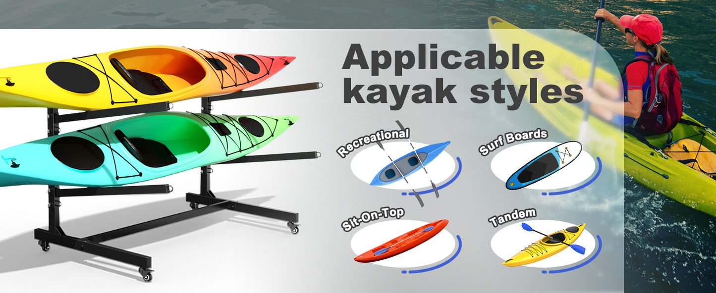 Heavy Duty Freestanding Kayak Storage Rack, Adjustable Metal Stand for Kayaks, Canoes, SUPs, Paddleboards & Surfboards with Lockable Wheels, Indoor & Outdoor Use