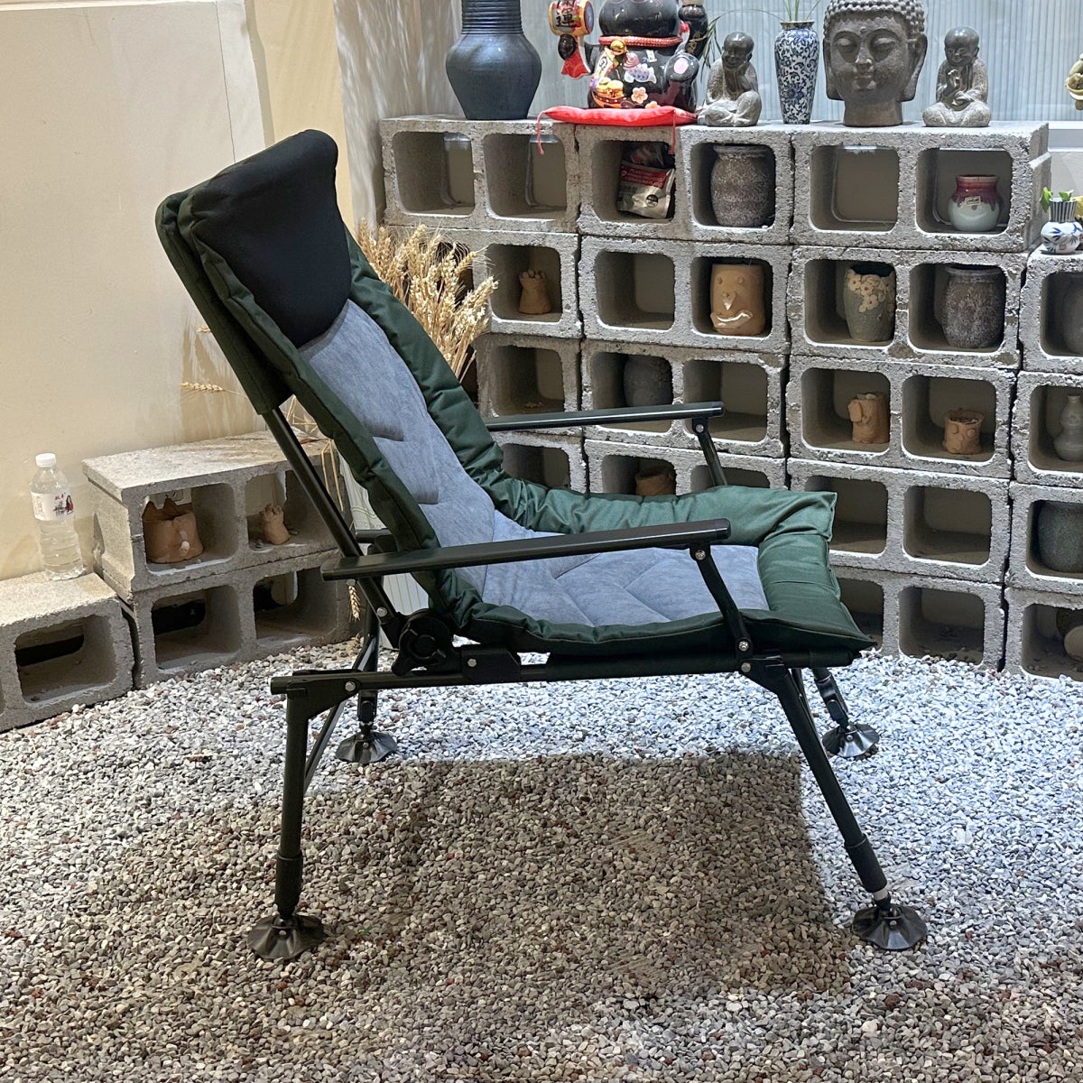 Camping Lounge Chair, Portable Folding Reclining Camping Chair with Adjustable backrest for Indoor and Outdoor Camping Beach Hiking Fishing, Green+black+grey