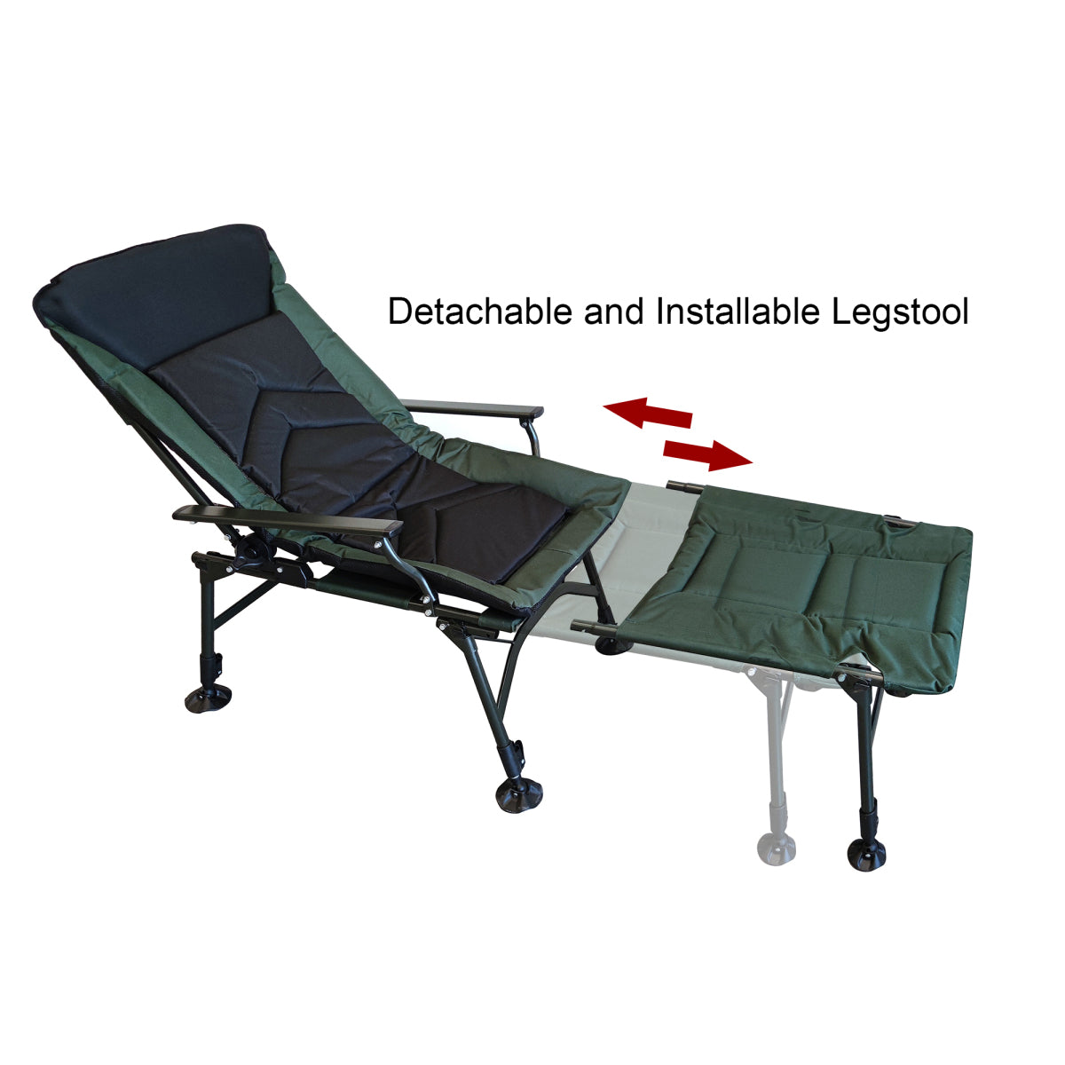 Camping Lounge Chair with Detachable Footrest, Portable Folding Reclining Camping Chair with Adjustable backrest for Indoor and Outdoor Camping Beach Hiking Fishing, Green+black    RR