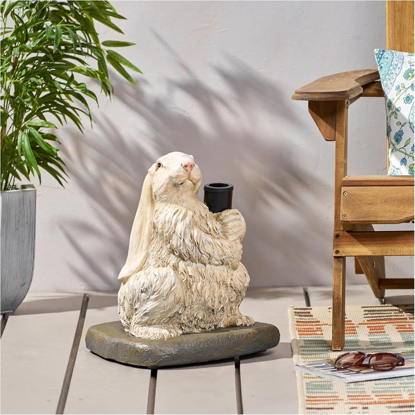 Rabbit Umbrella Base - 50lb Matte White Outdoor Patio Stand - Concrete with Resin Finish - Fits 1.5", 1.75", & 2" Poles - Charming Garden Decor