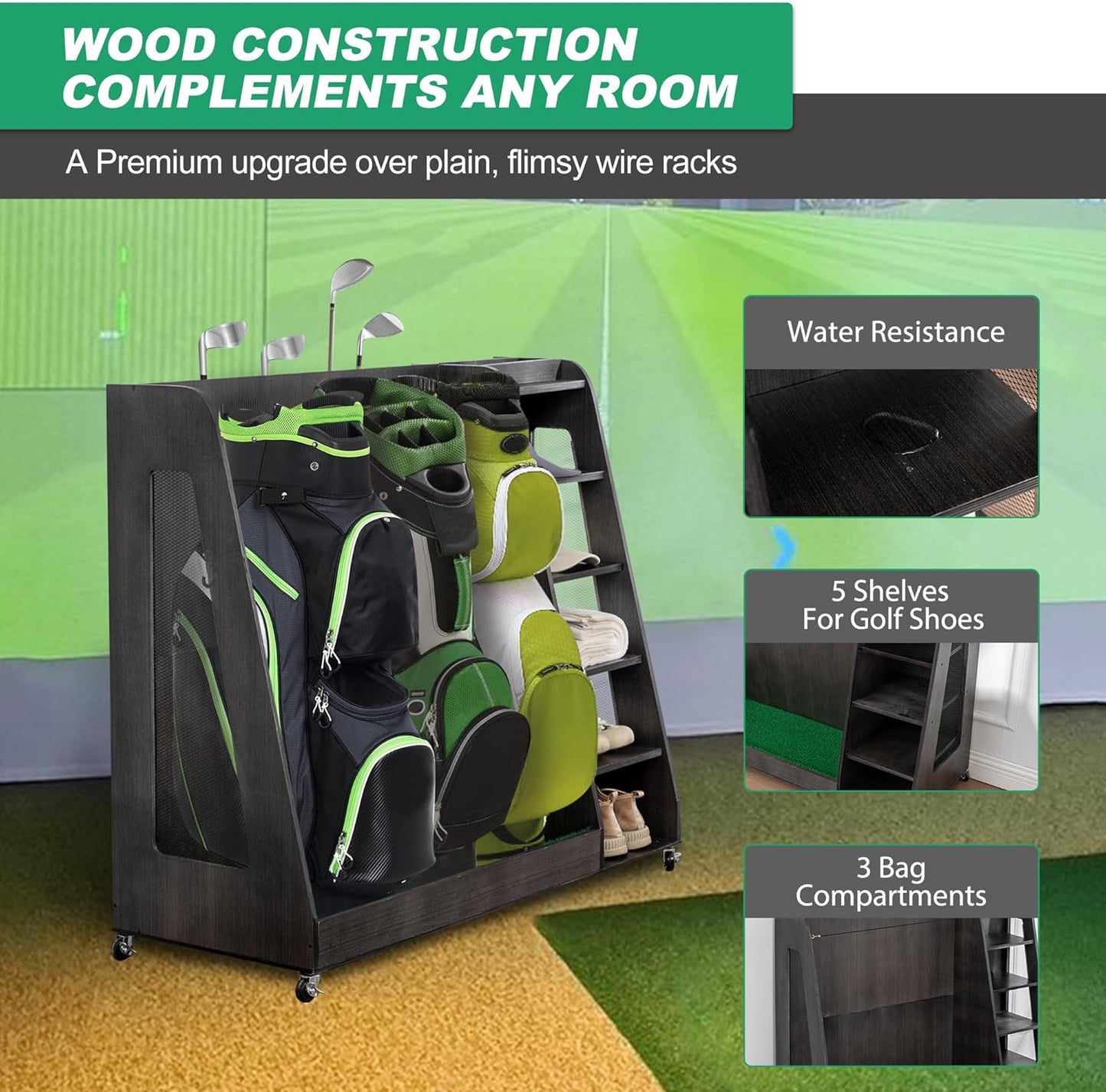 Wooden Golf Bag Organizer Garage Large Golf Bag Storage Rack Stand with Wheels Fits 3 Golf Bags, Golf Clubs and Other Golfing Equipment Accessories Golf Bag Holder for Garage, Club, Shed Basement