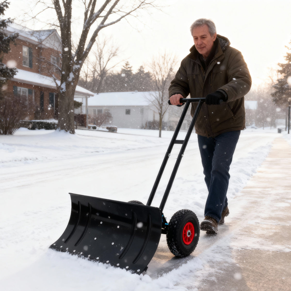 30" Heavy Duty Snow Shovel with Wheels, Garvee Adjustable Angle & Height Ergonomic Handle, Sidewalk & Pavement Clearing