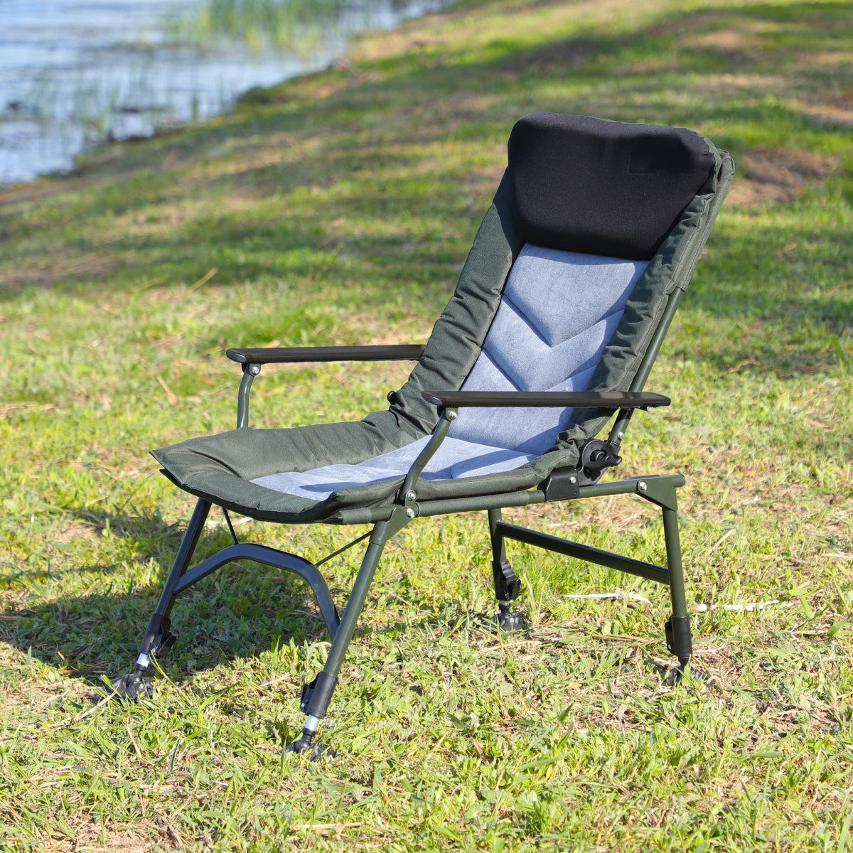Camping Lounge Chair, Portable Folding Reclining Camping Chair with Adjustable backrest for Indoor and Outdoor Camping Beach Hiking Fishing, Green+black+grey