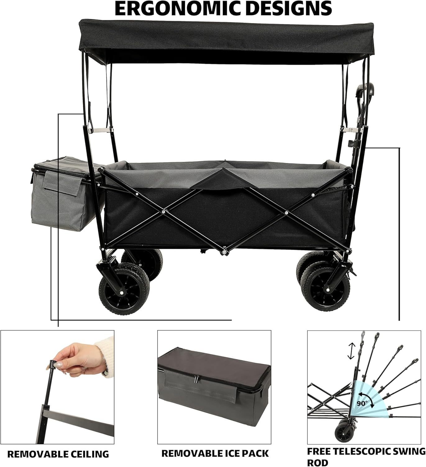 500Lbs Collapsible Wagon with Canopy, Lightweight Foldable Wagon Heavy Duty Utility Outdoor Garden Cartwith Mosquito net, Large Capacity for Camping, Shopping, Sports, and Garden Use (Black)