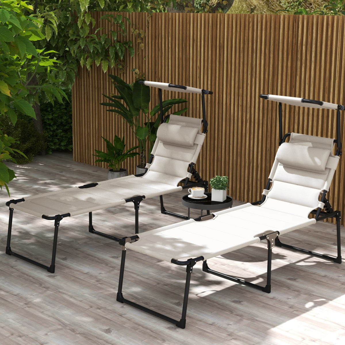 Outsunny 2 Pcs Outdoor Lounge Chair, Adjustable Backrest Folding Chaise Lounge, Cushioned Tanning Chair w/ Sunshade Roof & Pillow Headrest for Beach, Camping, Hiking, Cream White