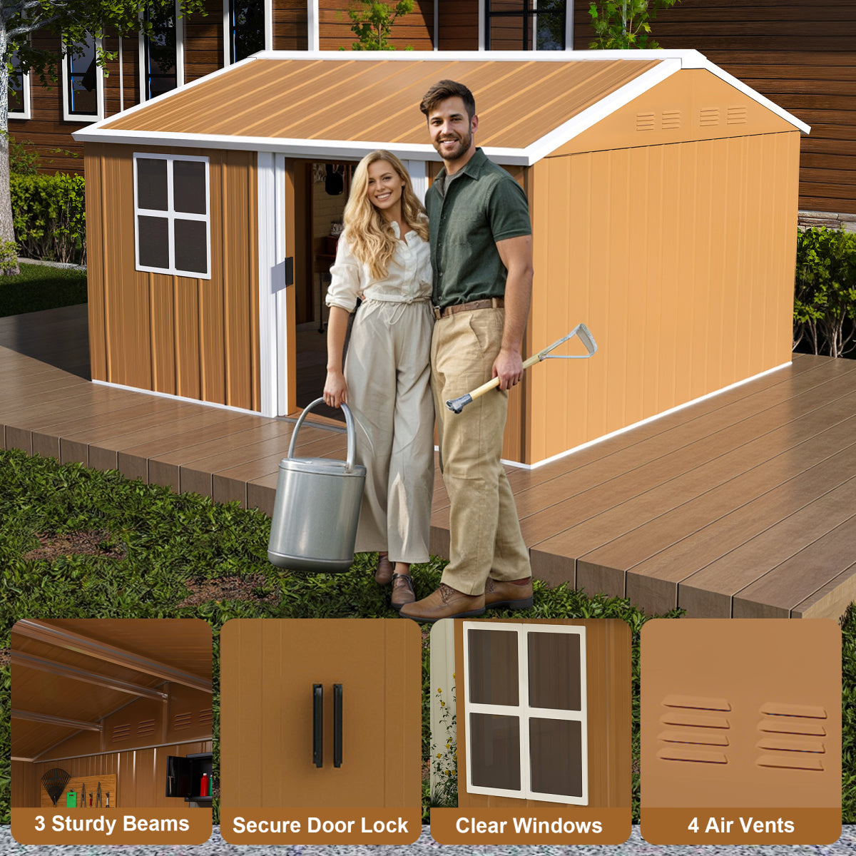 12x10 FT Heavy-Duty Metal Storage Shed with Windows, Lockable Door & Ventilation - Weatherproof Outdoor Garden Shed for Backyard, Lawn, and Tool Organization    RR