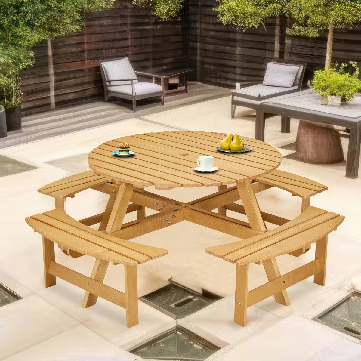 Outdoor 8 Person Picnic Table, 8 person Round Picnic Table with 4 Built-in Benches, Umbrella Hole, Outside Table and Bench Set for Garden, Backyard, Porch, Patio,  Natural   WL