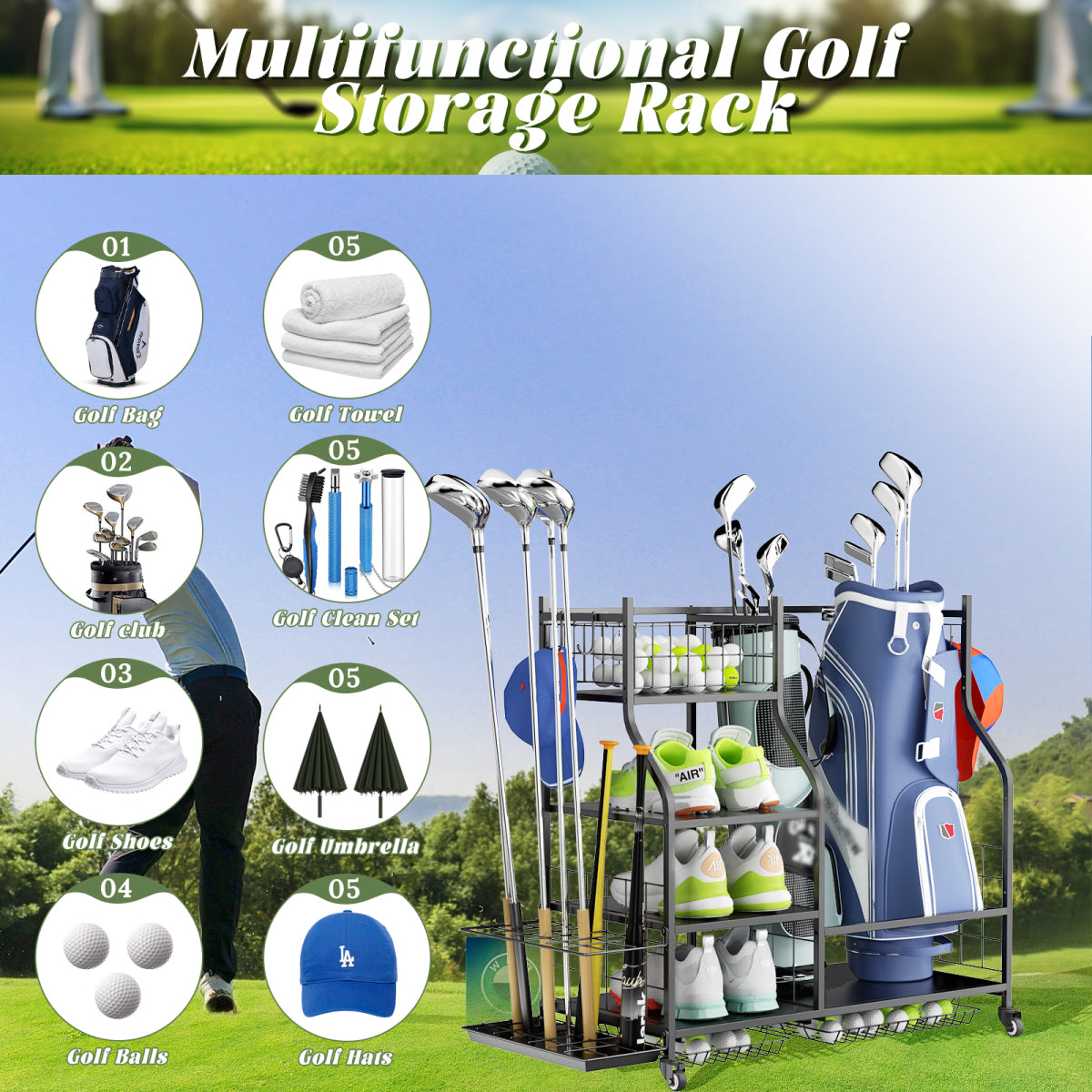 Golf Bag Storage Garage Organizer,Golf Club Bag Storage Rack for Garage, Extra Storage Rack for Golf Clubs,Golf Bag Organizer Fit for Garage,Shed,Basement