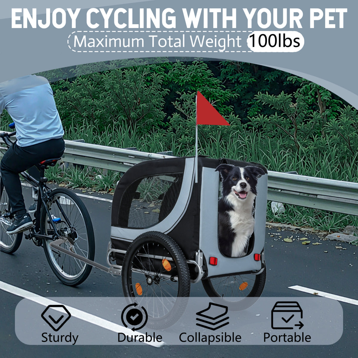 Large Folding Bike Trailer for Dogs – 100LB Capacity All-Terrain Pet Carrier, Durable Steel Frame for Cycling, Jogging, Camping & Outdoor Adventures, Black- Grey 20 1/8 width fat tire,extra mat inside