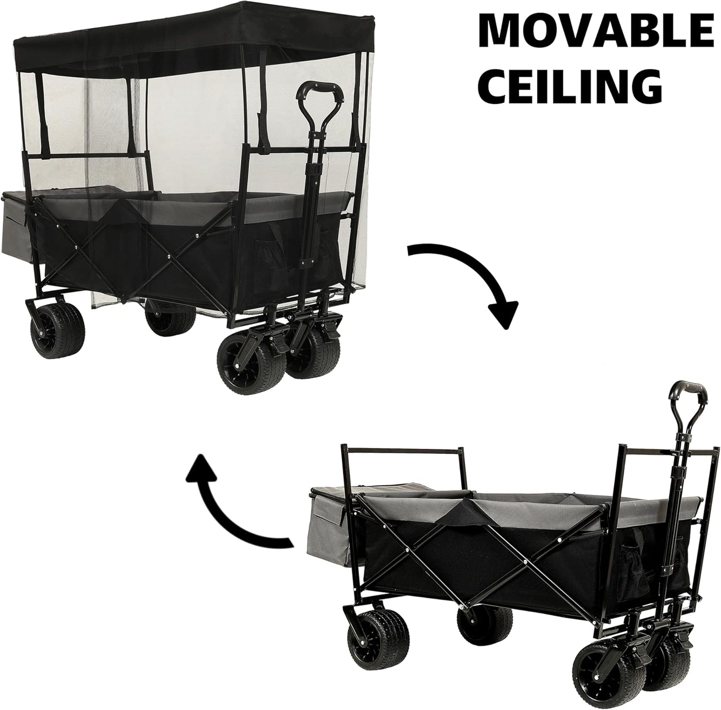 500Lbs Collapsible Wagon with Canopy, Lightweight Foldable Wagon Heavy Duty Utility Outdoor Garden Cartwith Mosquito net, Large Capacity for Camping, Shopping, Sports, and Garden Use (Black)