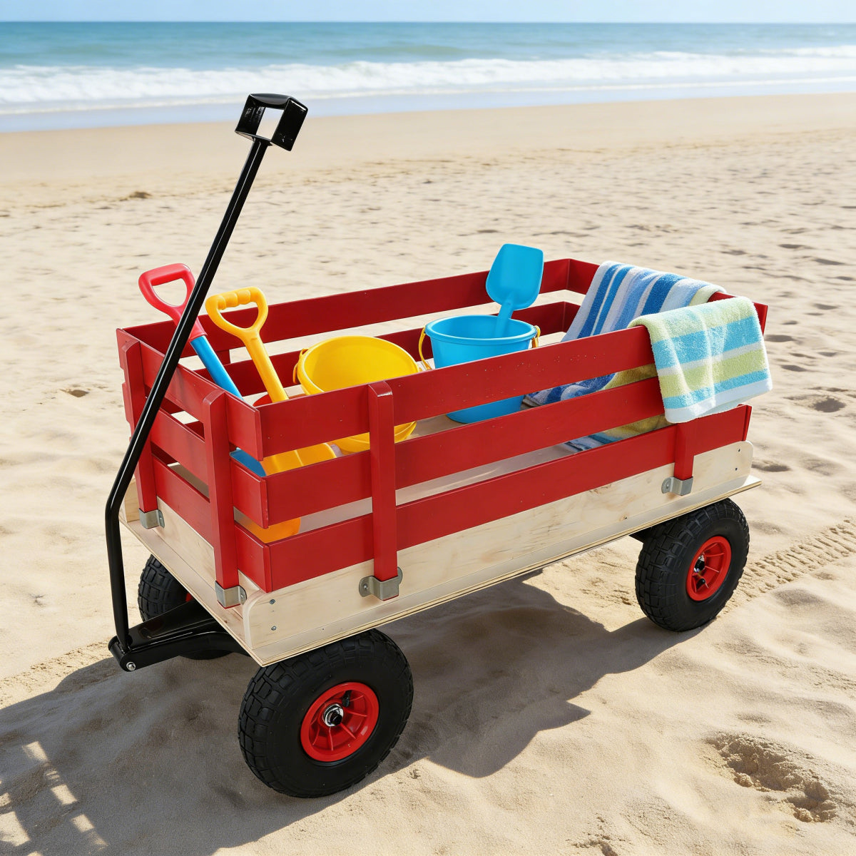 Children's and garden wooden carriages, all-terrain rubber inflatable wheelers, outdoor games, courtyard transportation, picnic supplies (red and natural colors)
