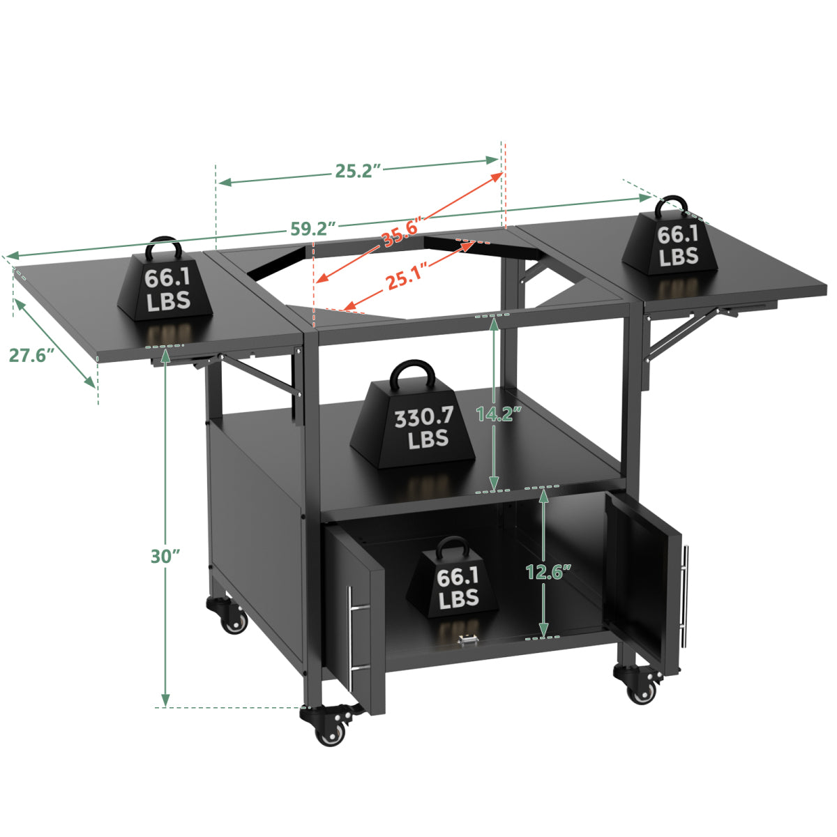 Outdoor Grill Table for Big Green Egg Style BBQ, Metal Grill Cart with 2 Folding Panels, Compatible with up to Large Green Egg, Kamado Joe Jr