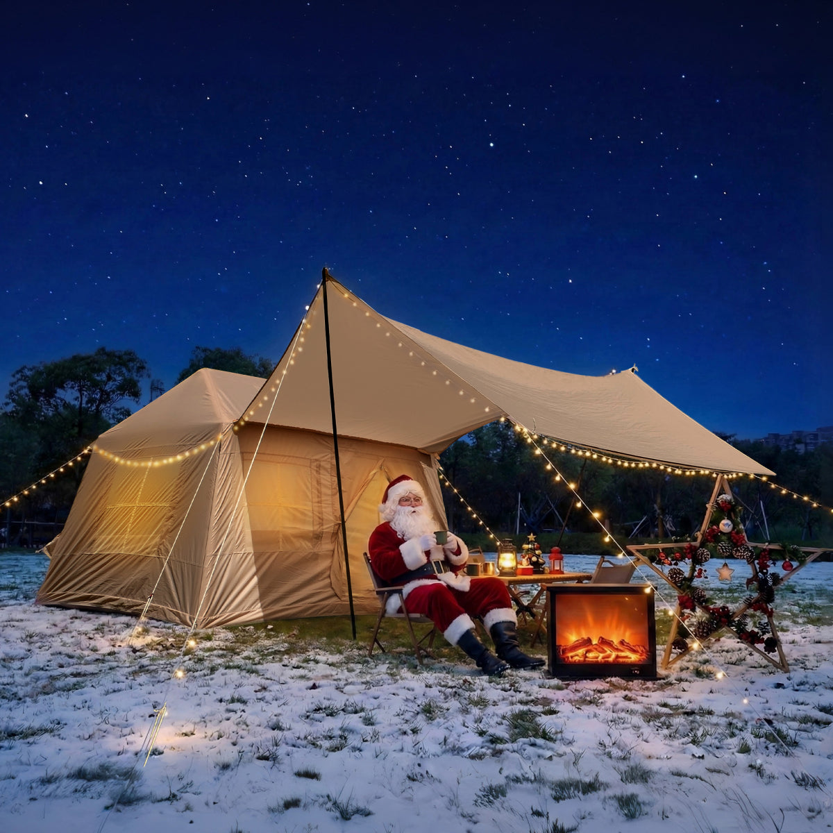 5.72m ² Inflatable Camping Tent, Glamping Tents Easy Setup 4 Season Windproof Outdoor Cotton Tent with Stove Jack & Mesh Windows & Pump