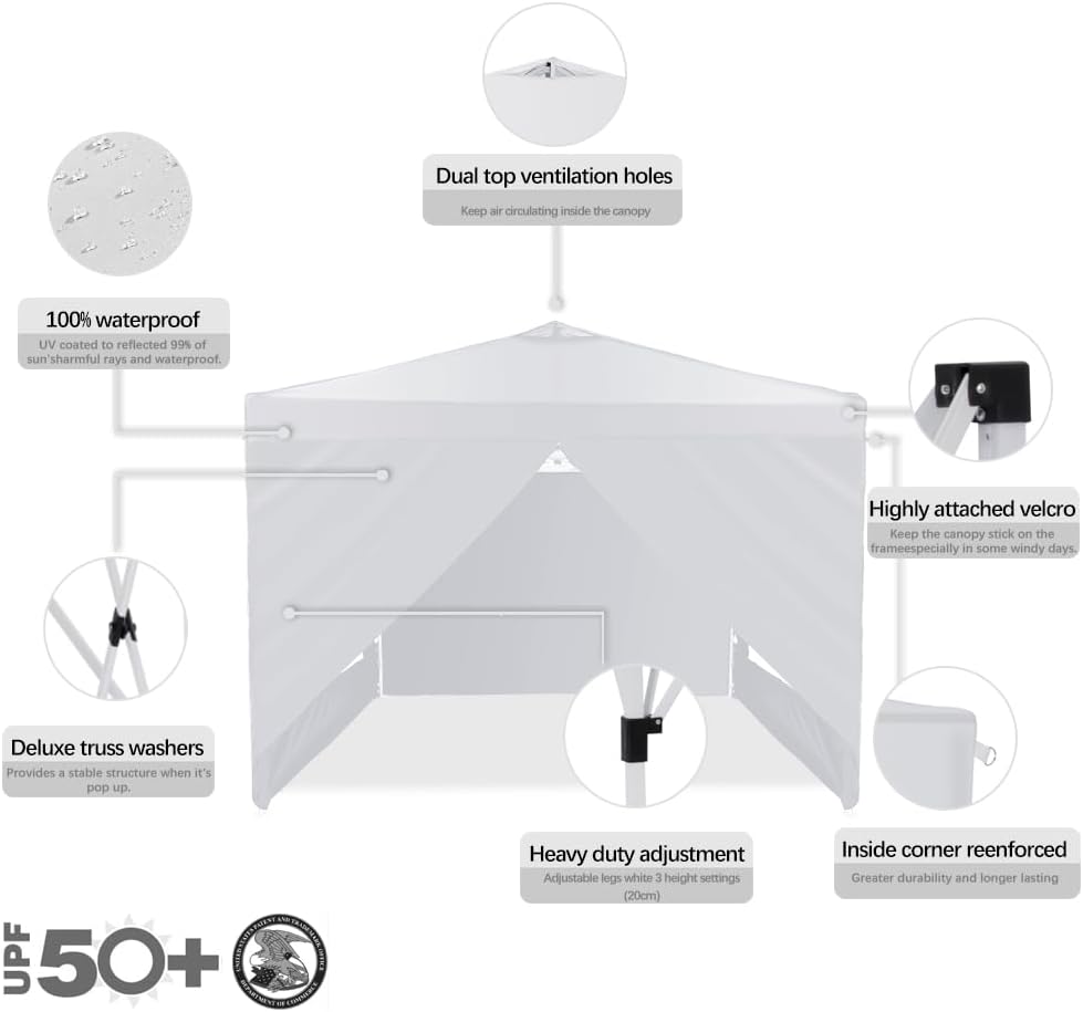 10x10 Pop Up Canopy - Portable Sun Shade Beach Tent, Gazebo Heavy Duty with Cover Wheeled Bag, 8 Stakes, 4 Removable Sidewalls, 4 Ropes, 4 Weight Bags, Ideal for Parties, Backyard, Camping