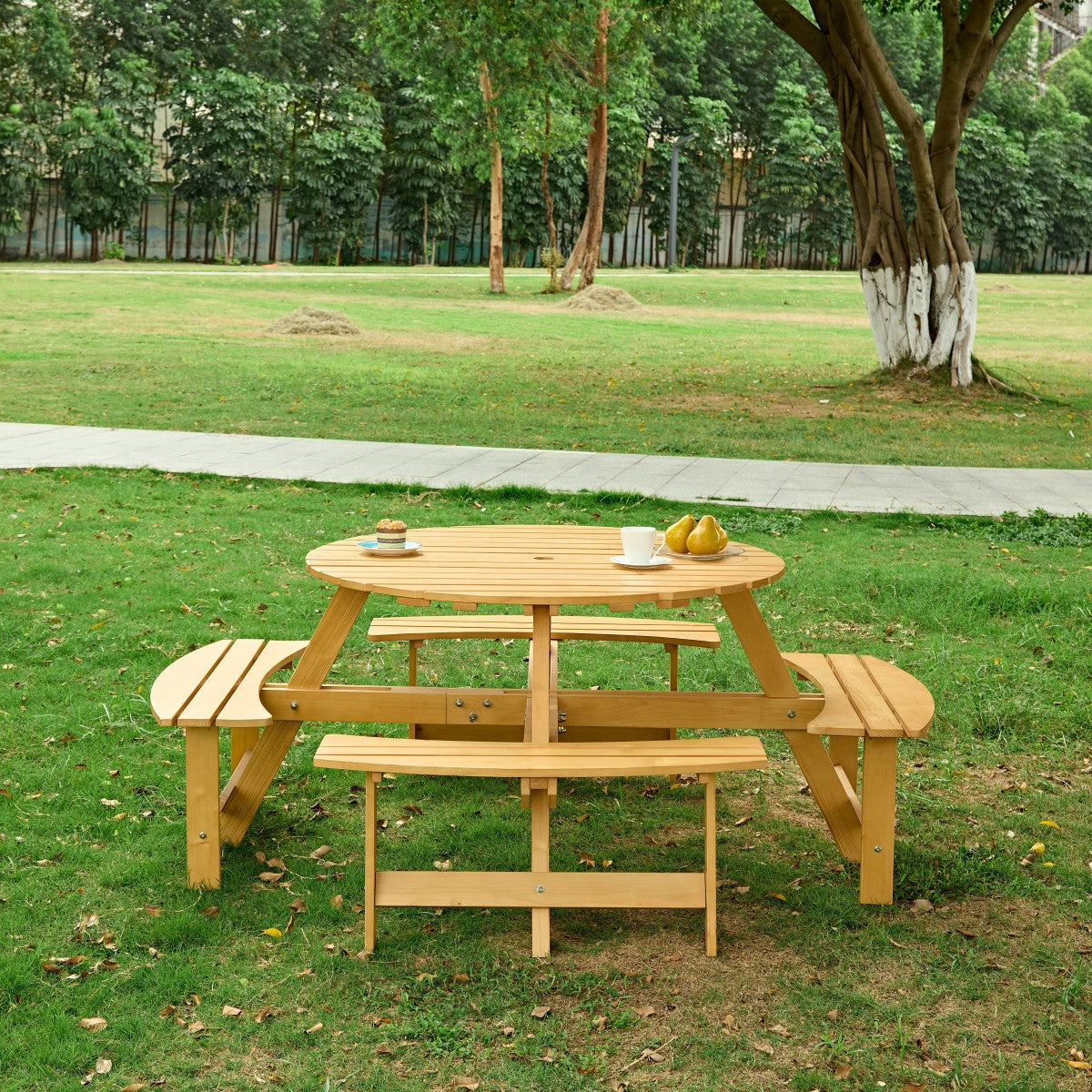 Outdoor 8 Person Picnic Table, 8 person Round Picnic Table with 4 Built-in Benches, Umbrella Hole, Outside Table and Bench Set for Garden, Backyard, Porch, Patio,  Natural   WL