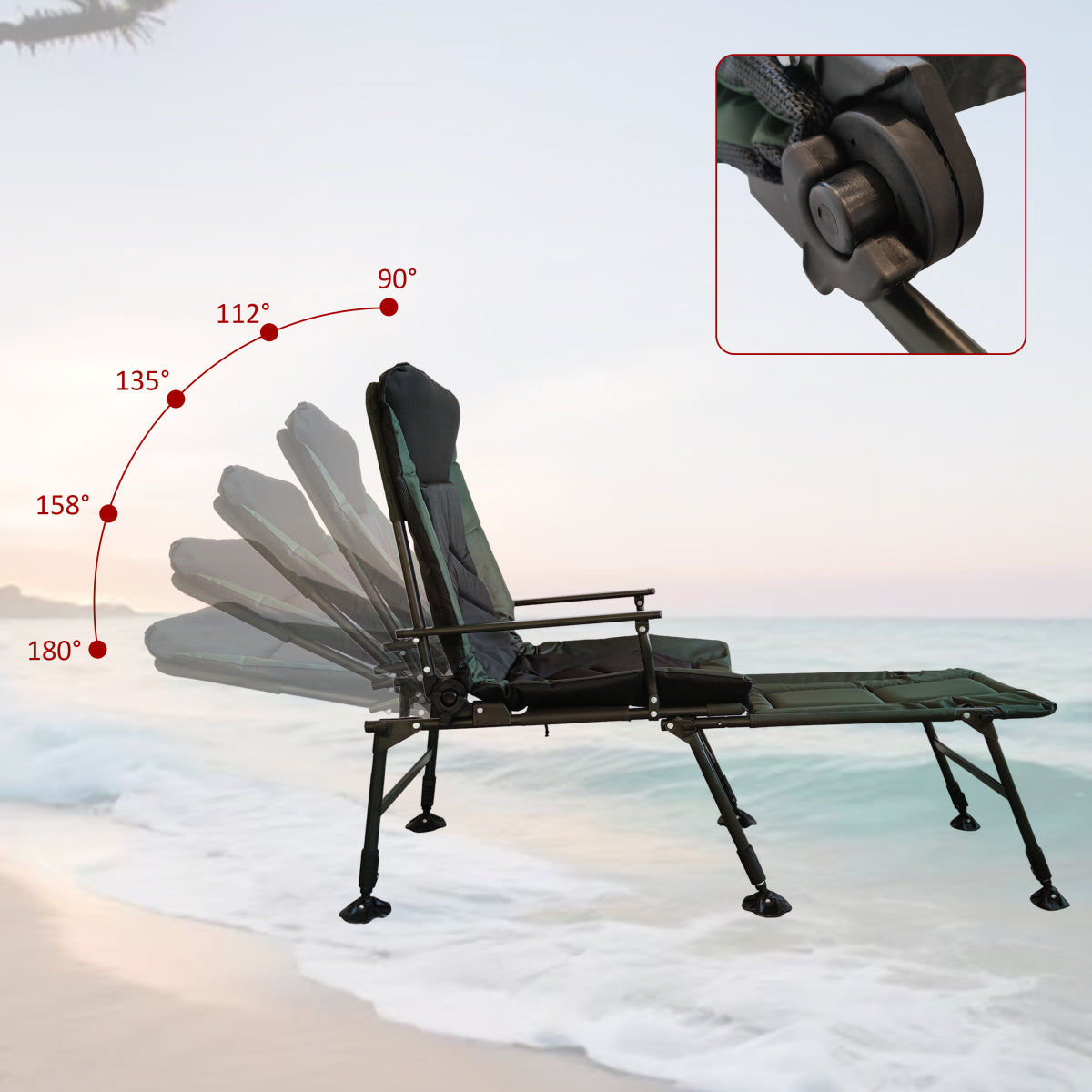Camping Lounge Chair with Detachable Footrest, Portable Folding Reclining Camping Chair with Adjustable backrest for Indoor and Outdoor Camping Beach Hiking Fishing, Green+black    RR