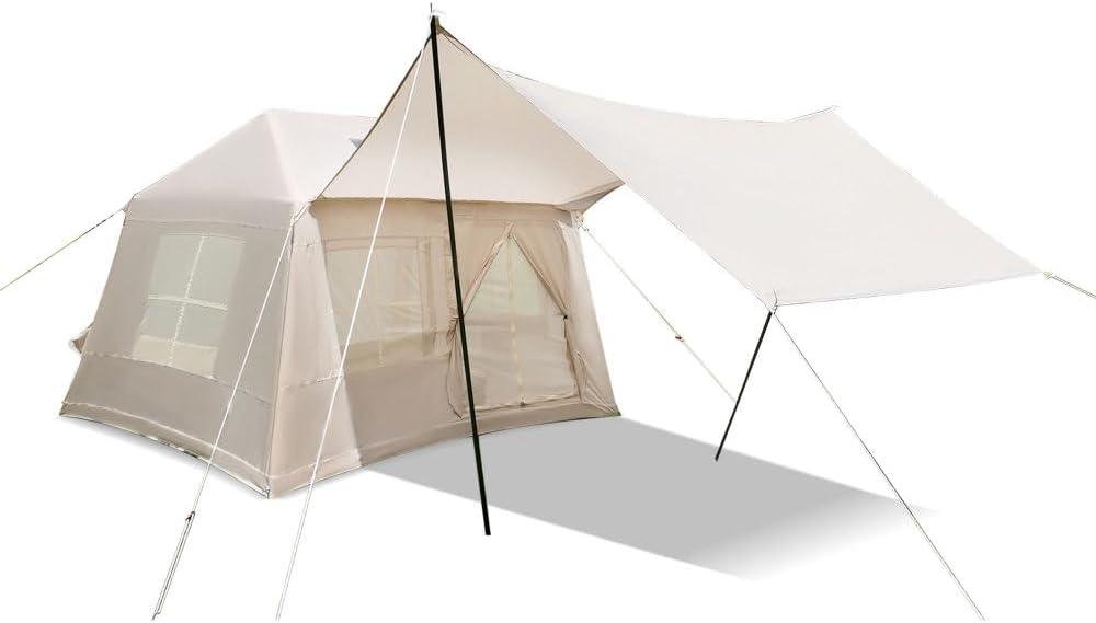 5.72m ² Inflatable Camping Tent, Glamping Tents Easy Setup 4 Season Windproof Outdoor Cotton Tent with Stove Jack & Mesh Windows & Pump
