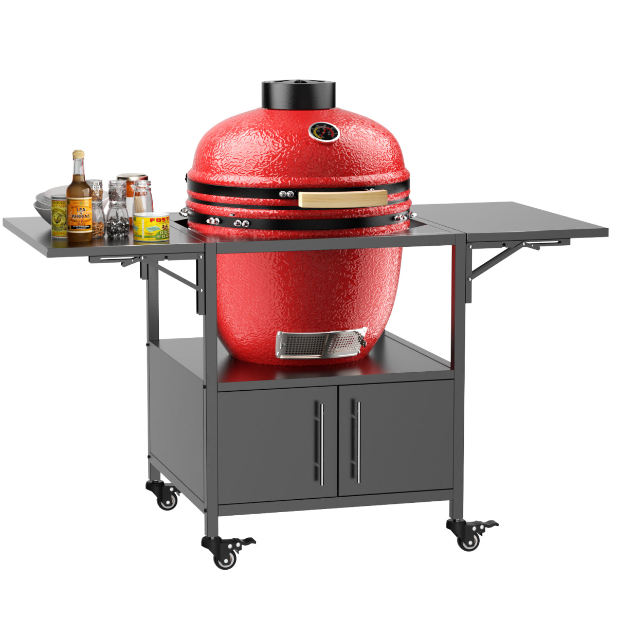 Outdoor Grill Table for Big Green Egg Style BBQ, Metal Grill Cart with 2 Folding Panels, Compatible with up to Large Green Egg, Kamado Joe Jr
