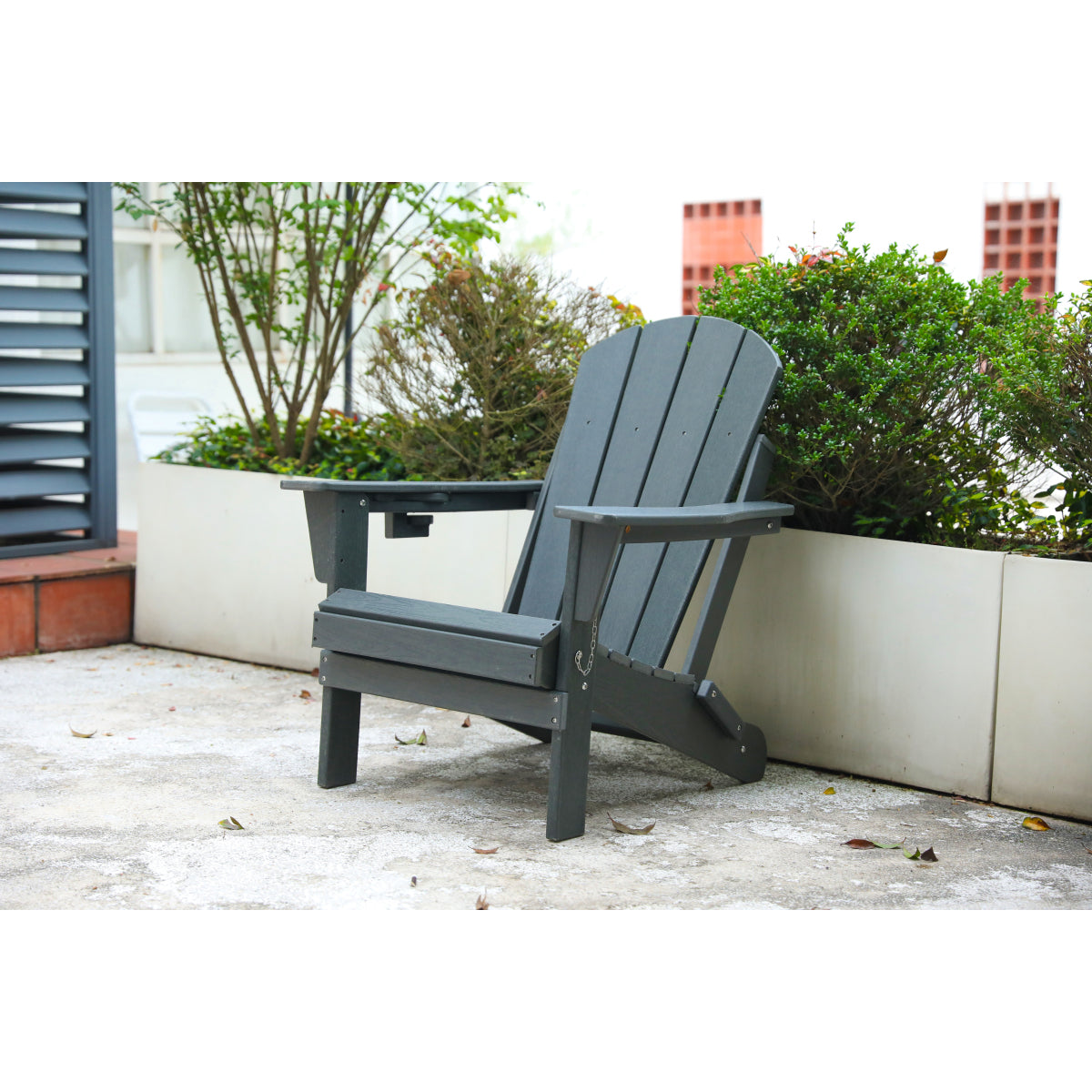HDPE Folding Adirondack Chair with Dual Cup Holder - Composite Adirondack Chair with Wood Texture- Gray