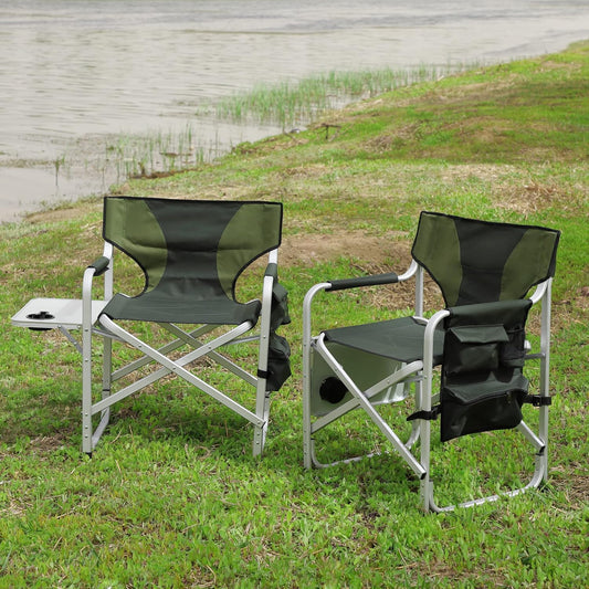 Oversized Camping Directors Chair, Portable Aluminum Camping Chairs, Padded Folding Directors Chair with Side Table Storage Pockets, Outdoor Camping, Picnics and Fishing (2, Green)