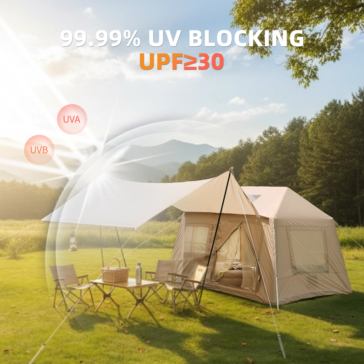 5.72m ² Inflatable Camping Tent, Glamping Tents Easy Setup 4 Season Windproof Outdoor Cotton Tent with Stove Jack & Mesh Windows & Pump