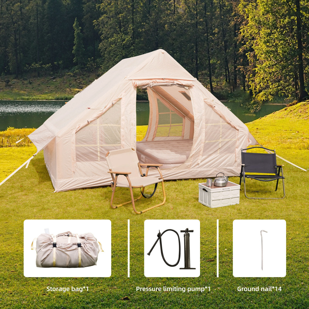 Inflatable Camping Tents with Hand Pump, Air Glamping Tents, Easy Setup Waterproof and Windproof Blow up Tent, 4 Seasons Oxford Cabin Tent with Mesh & Chimney Window.   WL