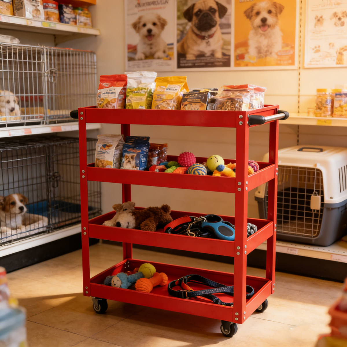 Tool Cart on Wheels, 3 Tier Rolling Mechanic Tool Cart, Heavy Duty Steel Utility Cart w/Lockable Wheels, 450 LBS Capacity Industrial Service Cart for Garage, Warehouse, Workshop (Bright Red)