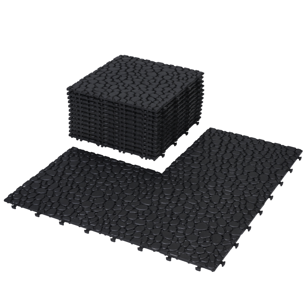 12 x 12 Inch Black Interlocking Deck Tiles Plastic Waterproof Outdoor All Weather Anti-slip Bathroom Shower Balcony Porch Strong Weight Capacity Upto 440 LBS, Pebble Stone Pattern Pack of 12