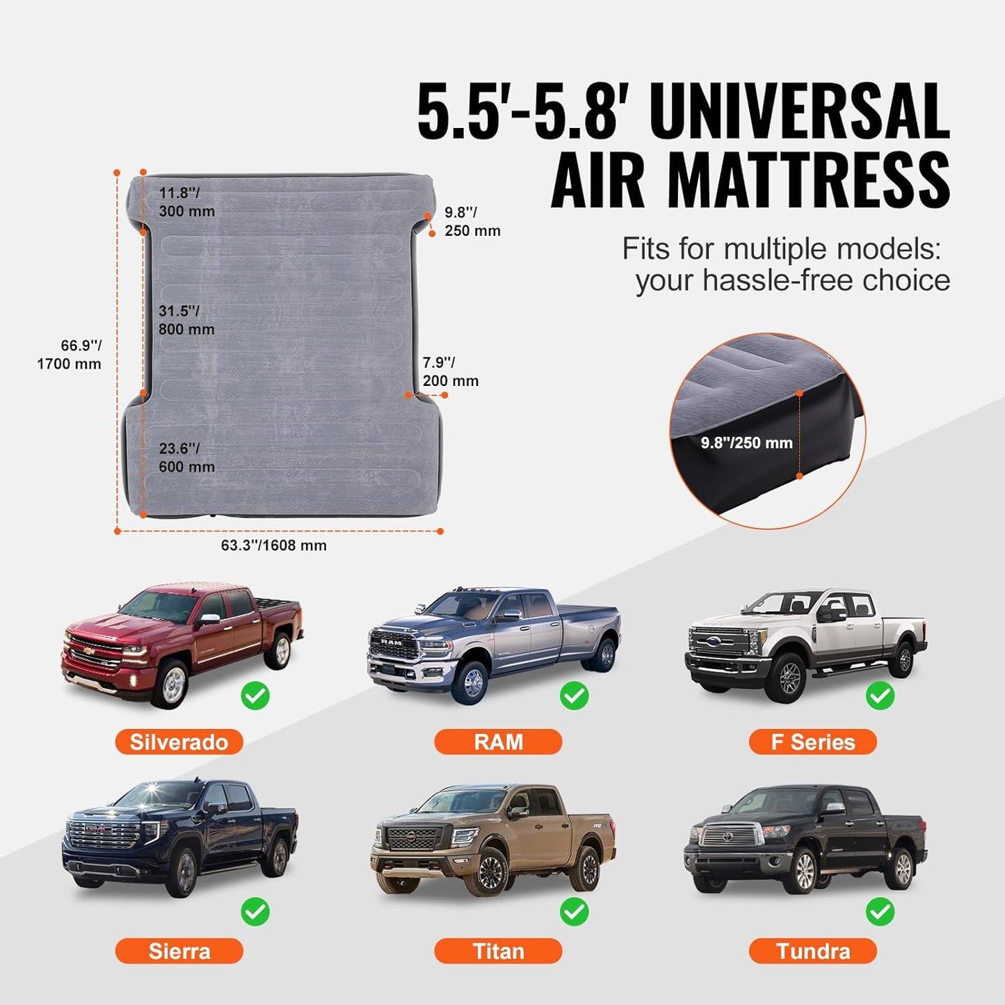 Inflatable Mattress for Pickup Beds, 5.5-5.8 ft Air Bed for Camping, Electric Pump, 2 Pillows, Storage Bag, Fits Silverado, RAM, F Series, Sierra, Titan, Tundra, Grey
