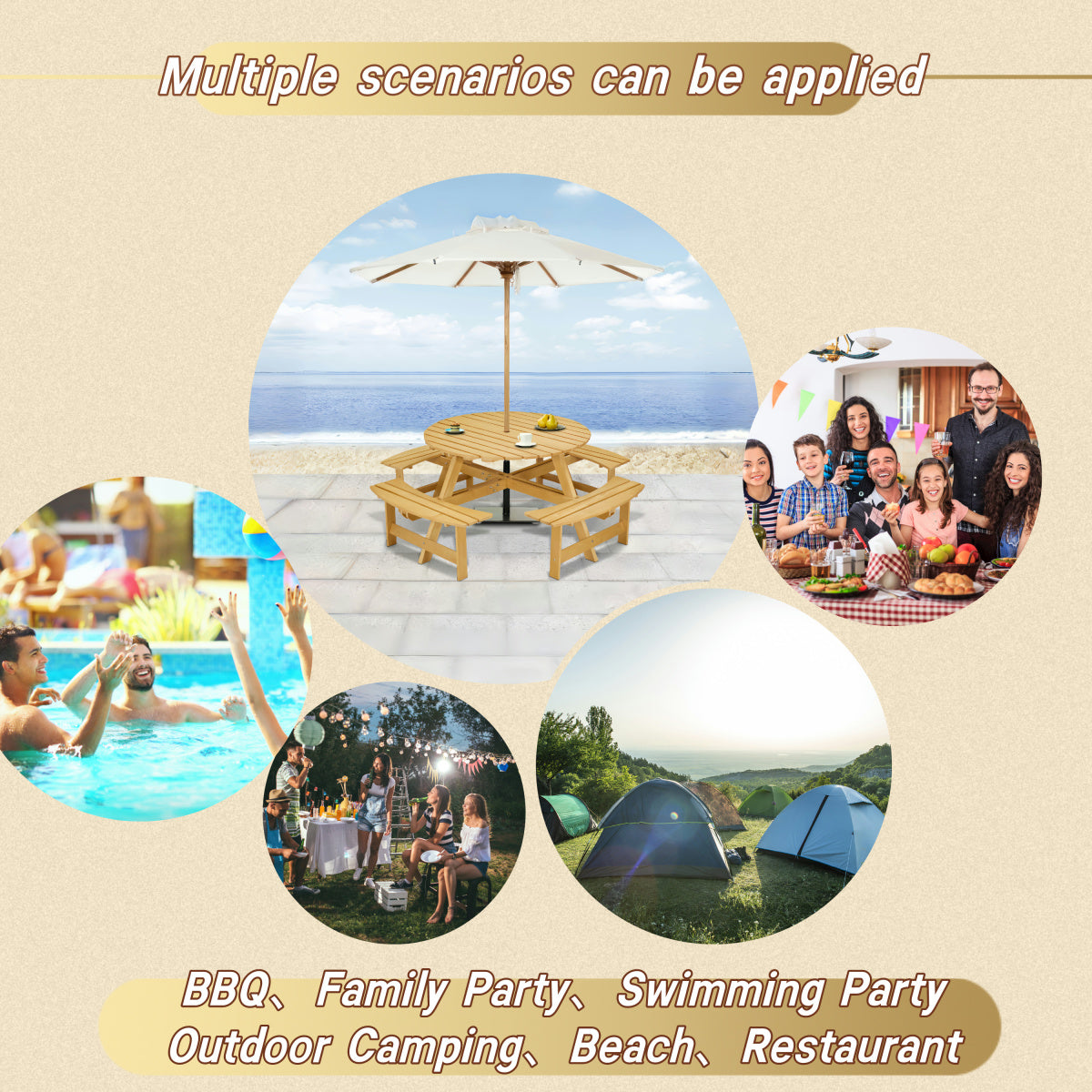 Outdoor 8 Person Picnic Table, 8 person Round Picnic Table with 4 Built-in Benches, Umbrella Hole, Outside Table and Bench Set for Garden, Backyard, Porch, Patio,  Natural   WL