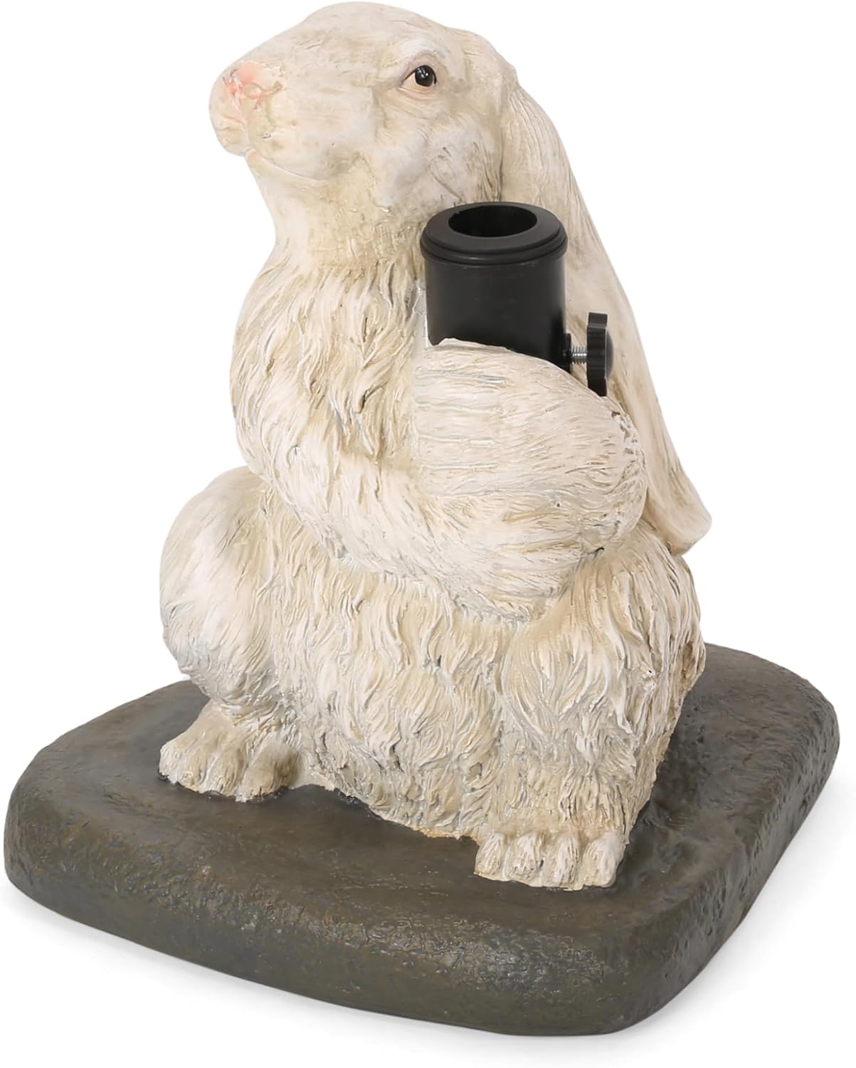 Rabbit Umbrella Base - 50lb Matte White Outdoor Patio Stand - Concrete with Resin Finish - Fits 1.5", 1.75", & 2" Poles - Charming Garden Decor