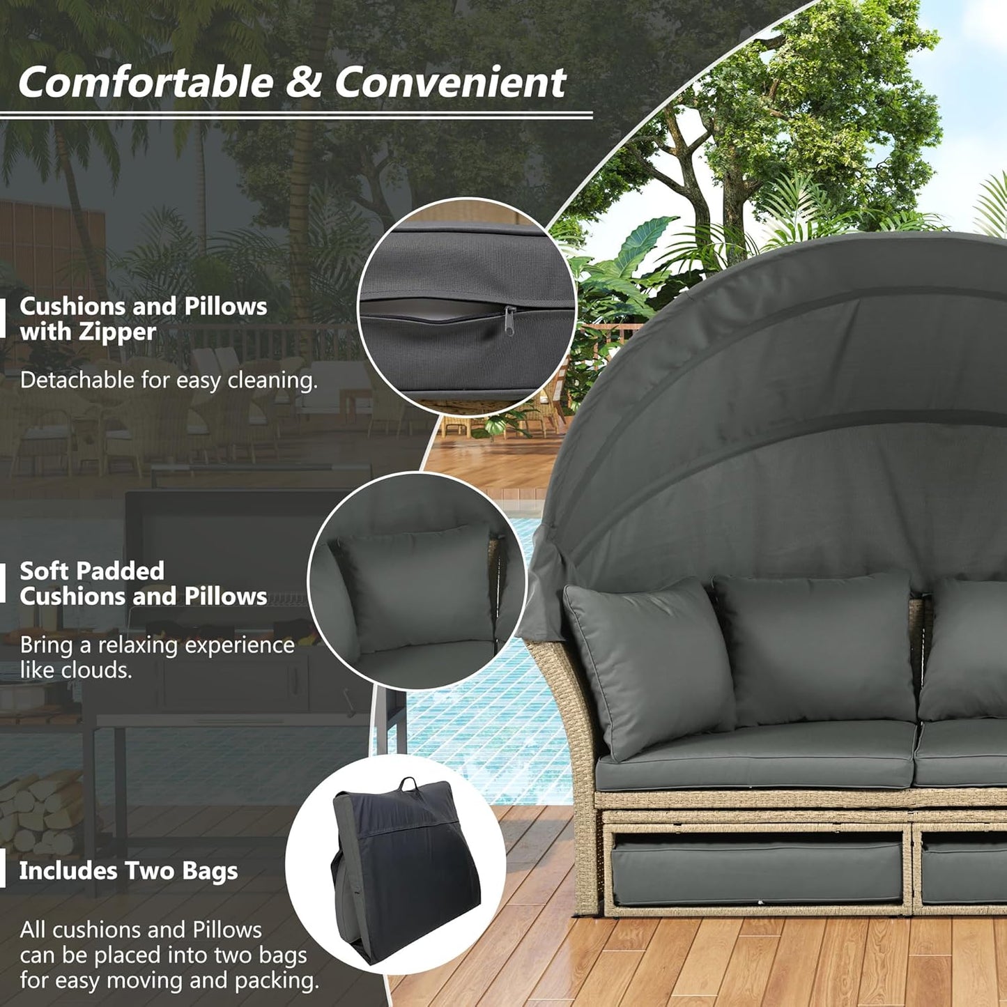 Outdoor Patio Rattan Round Daybed with Retractable Canopy, Wicker Furniture Clamshell Sectional Seating Sunbed with Removable Cushions and 4 Pillows for Patio Backyard Porch,Grey