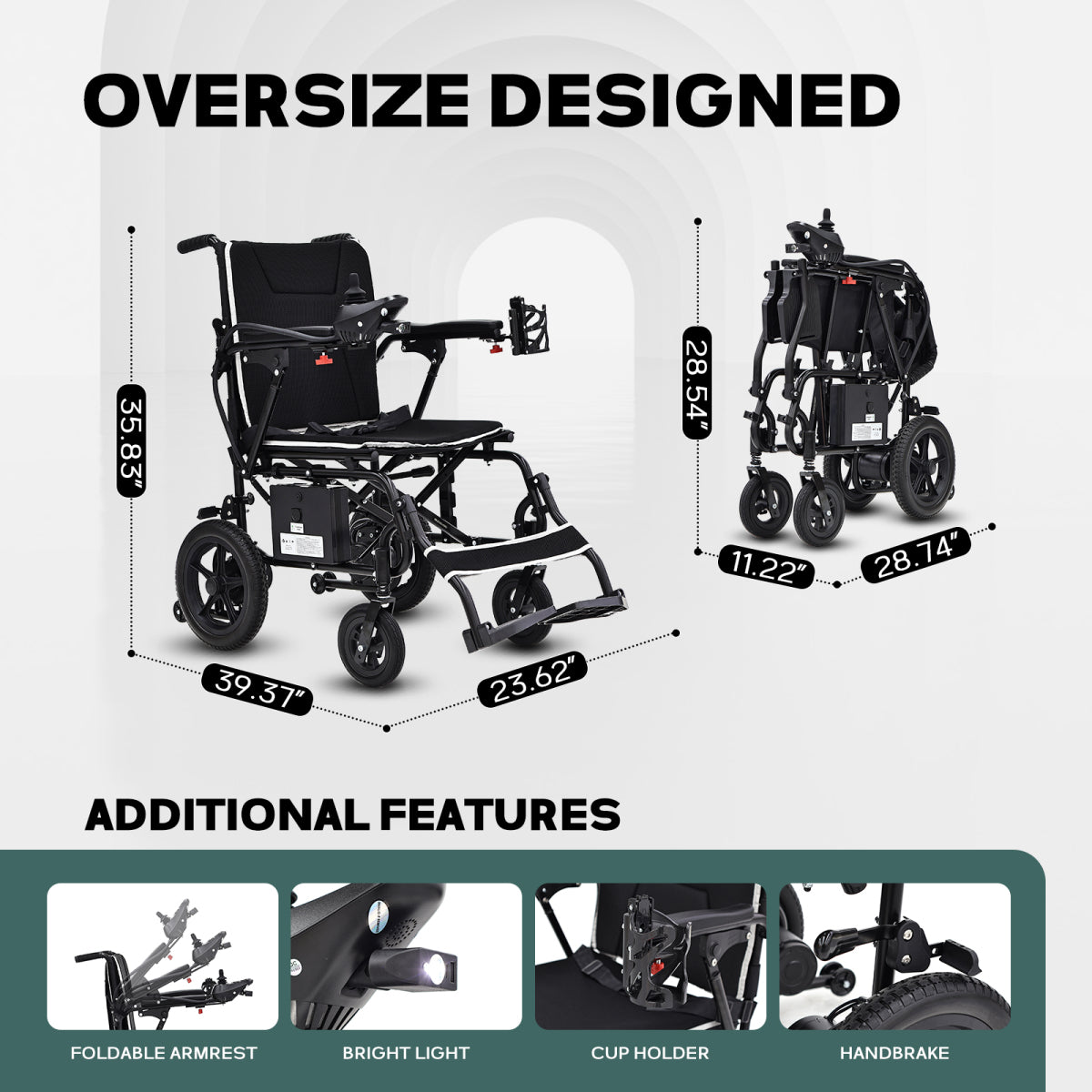 Lightweight Electric Wheelchair for Adults & Seniors - Ultralight 36lbs Foldable Power Wheelchairs, 264LBS Loading Capacity, 12-Mile Long Travel Range, All Terrain, With LED Light & Cup Holder