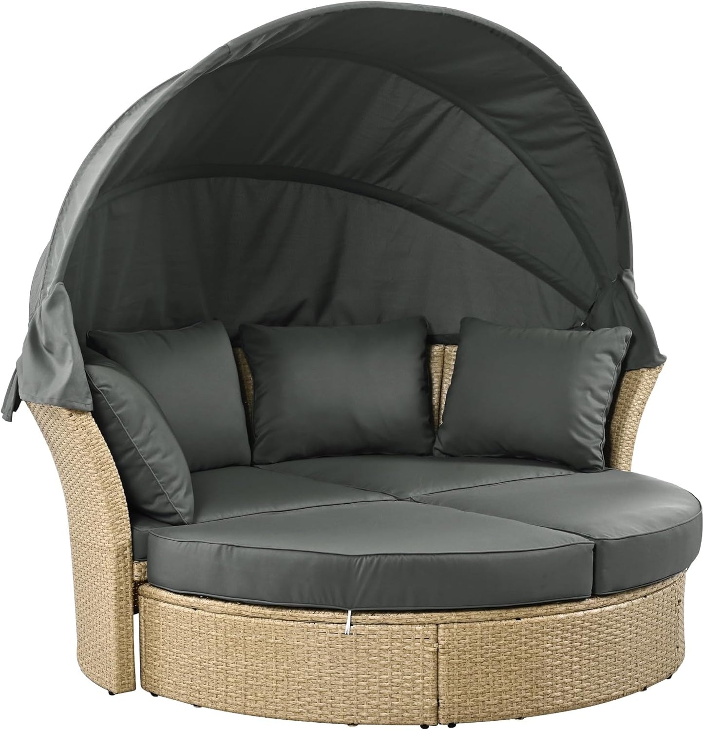 Outdoor Patio Rattan Round Daybed with Retractable Canopy, Wicker Furniture Clamshell Sectional Seating Sunbed with Removable Cushions and 4 Pillows for Patio Backyard Porch,Grey