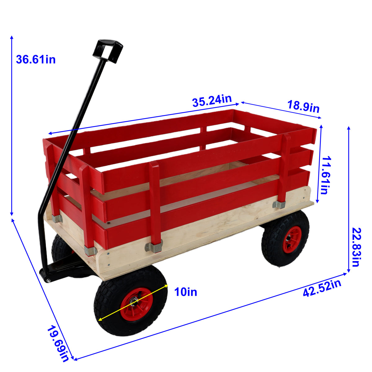 Children's and garden wooden carriages, all-terrain rubber inflatable wheelers, outdoor games, courtyard transportation, picnic supplies (red and natural colors)