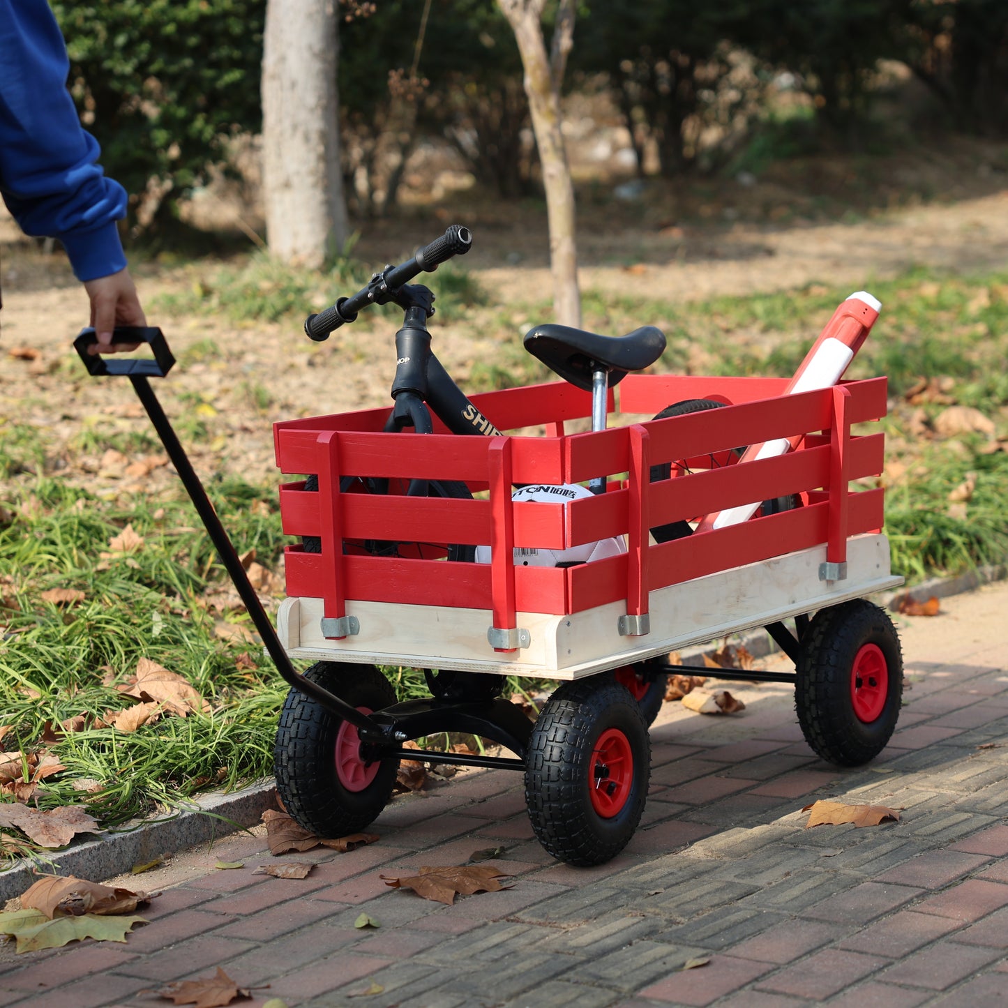 Children's and garden wooden carriages, all-terrain rubber inflatable wheelers, outdoor games, courtyard transportation, picnic supplies (red and natural colors)
