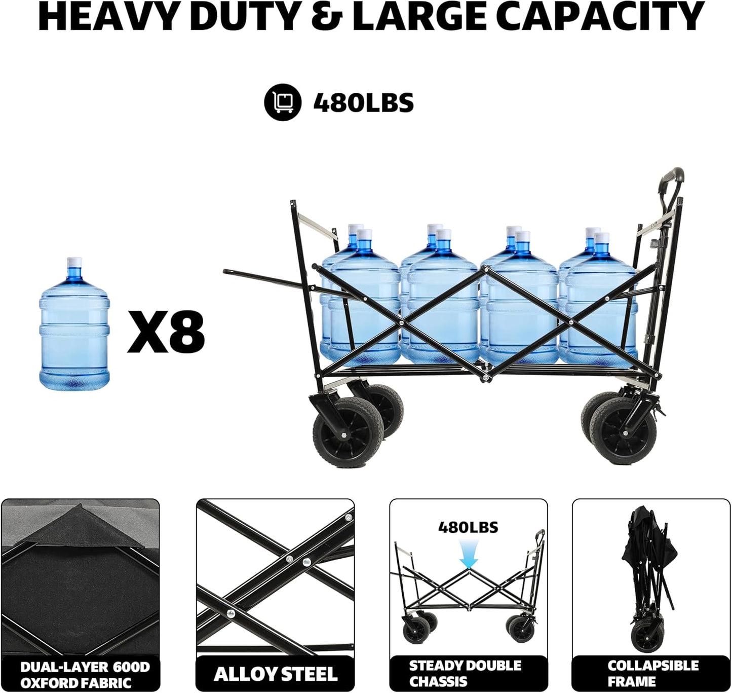 500Lbs Collapsible Wagon with Canopy, Lightweight Foldable Wagon Heavy Duty Utility Outdoor Garden Cartwith Mosquito net, Large Capacity for Camping, Shopping, Sports, and Garden Use (Black)