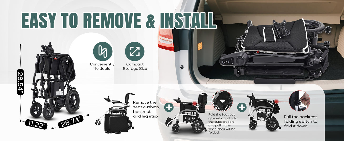 Lightweight Electric Wheelchair for Adults & Seniors - Ultralight 36lbs Foldable Power Wheelchairs, 264LBS Loading Capacity, 12-Mile Long Travel Range, All Terrain, With LED Light & Cup Holder